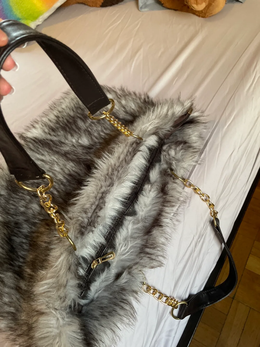 Grey Faux Fur Tote Bag with Gold Chain Strap image indicator(2)
