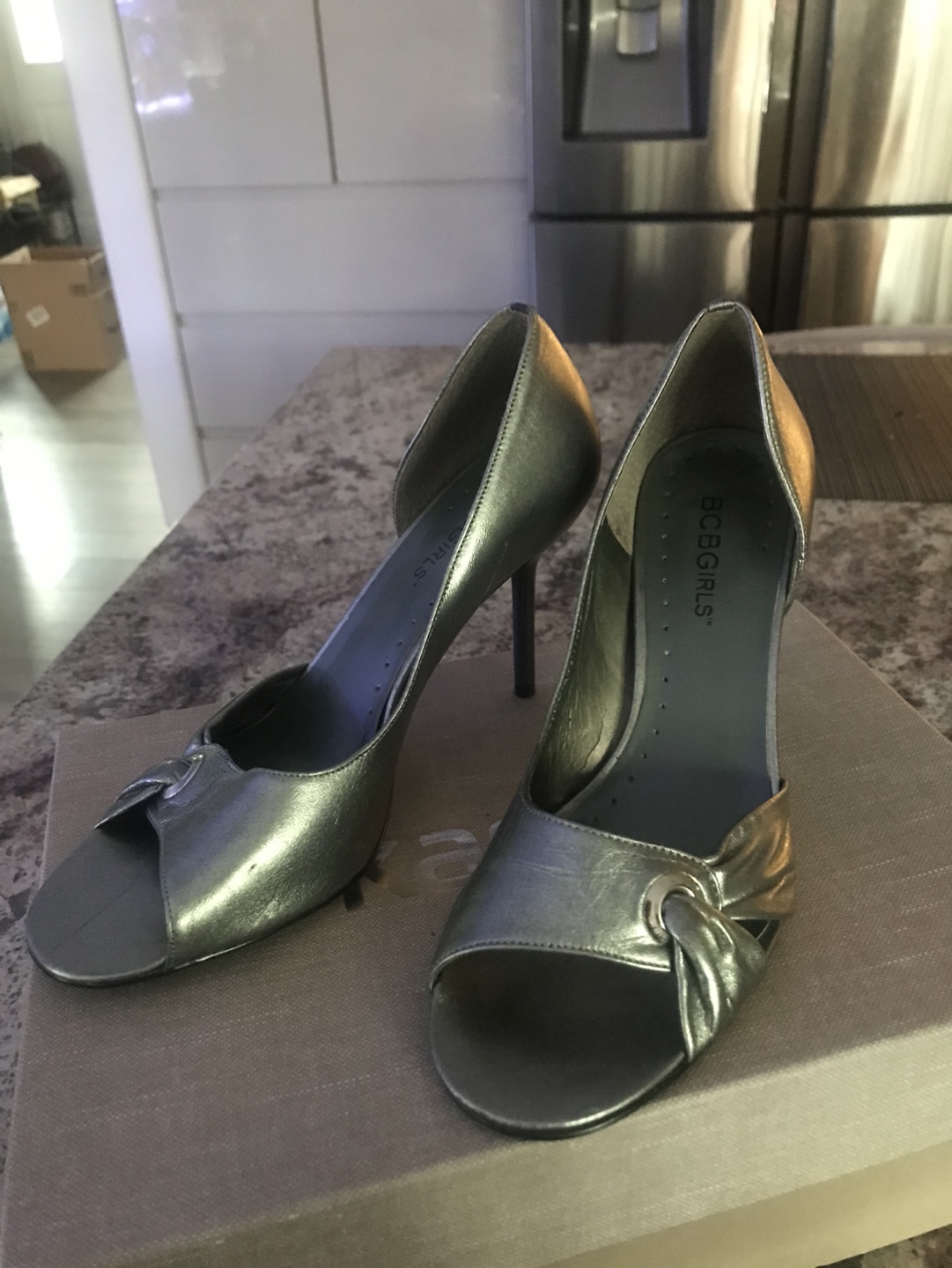 BCBGirls Metallic Peep-Toe Heels
