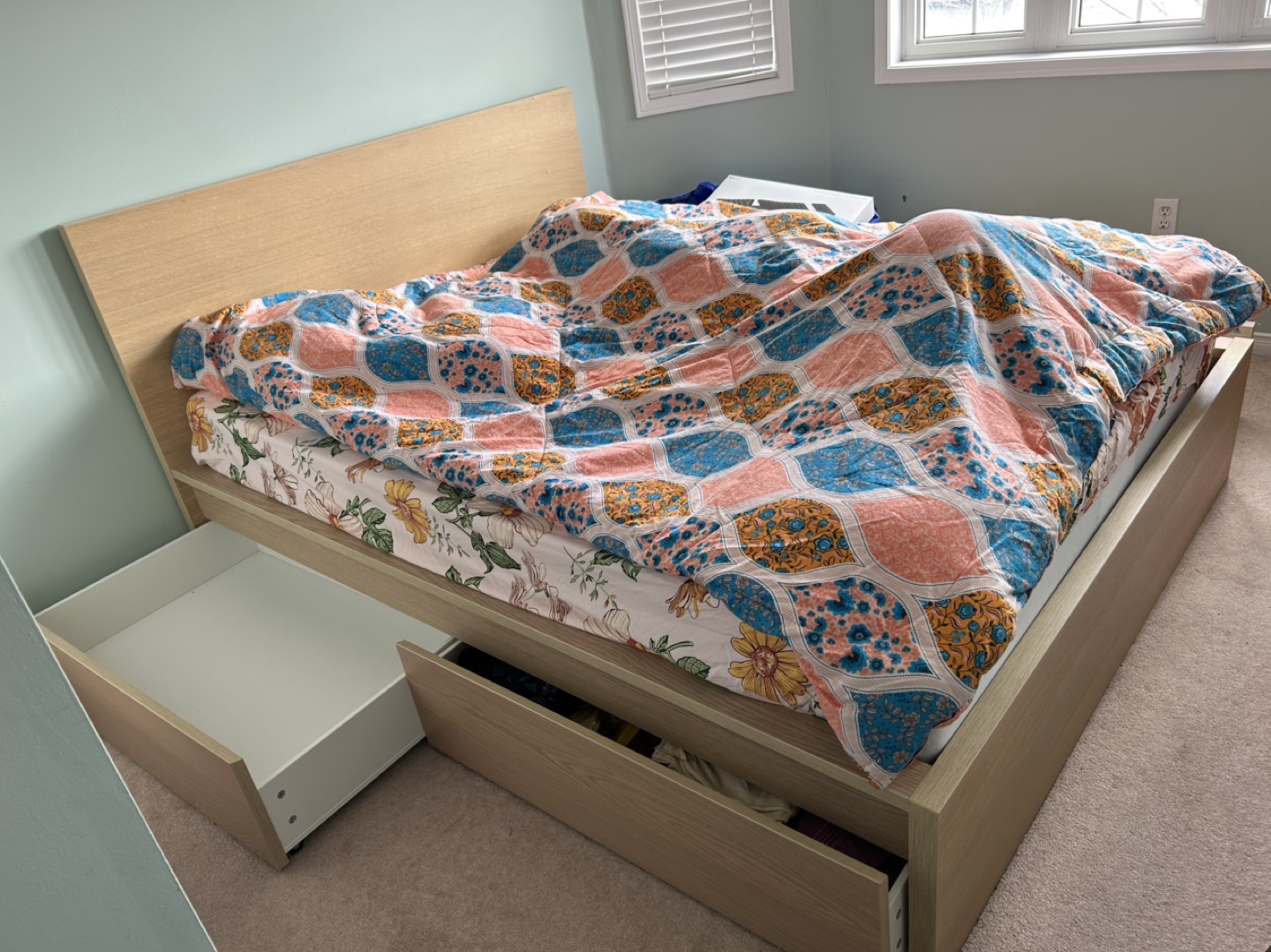 IKEA MALAM Queen size bed with 4 storage boxes