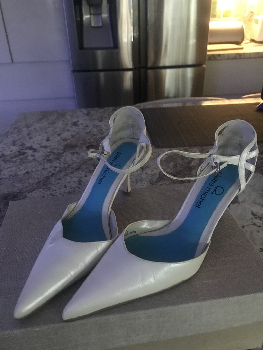 Pierre Michel White Leather Ankle Strap Heels