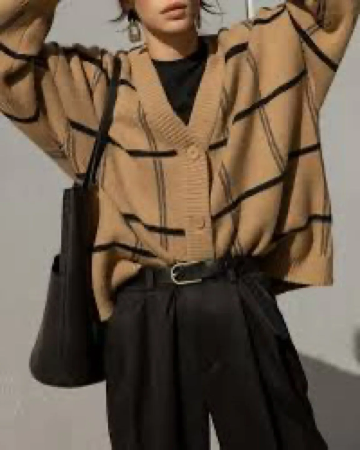 DYNAMITE Women's Brown and Black Checked Knit Cardigan Sweater image indicator(3)