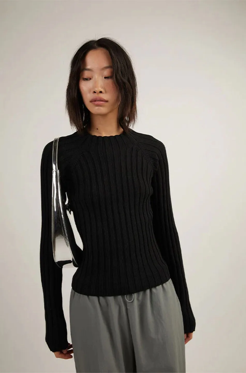 OAK + FORT Black Ribbed Knit Cut-Out Sweater image indicator(4)