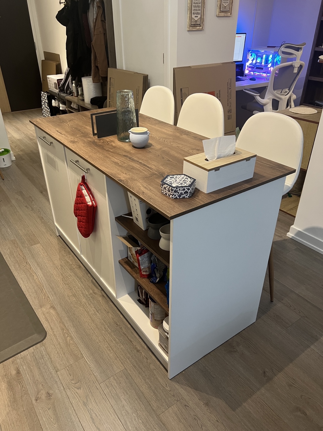 Kitchen Island with Shelves and Cabinets and Seating