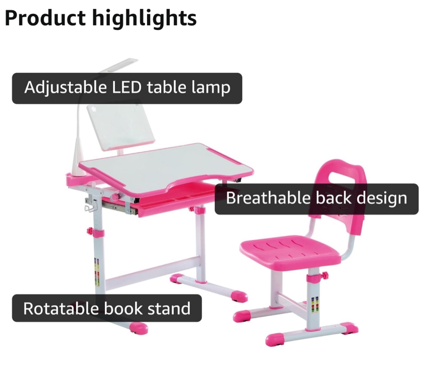 Pink Children's Adjustable Desk and Chair Set with LED Lamp - photo 5