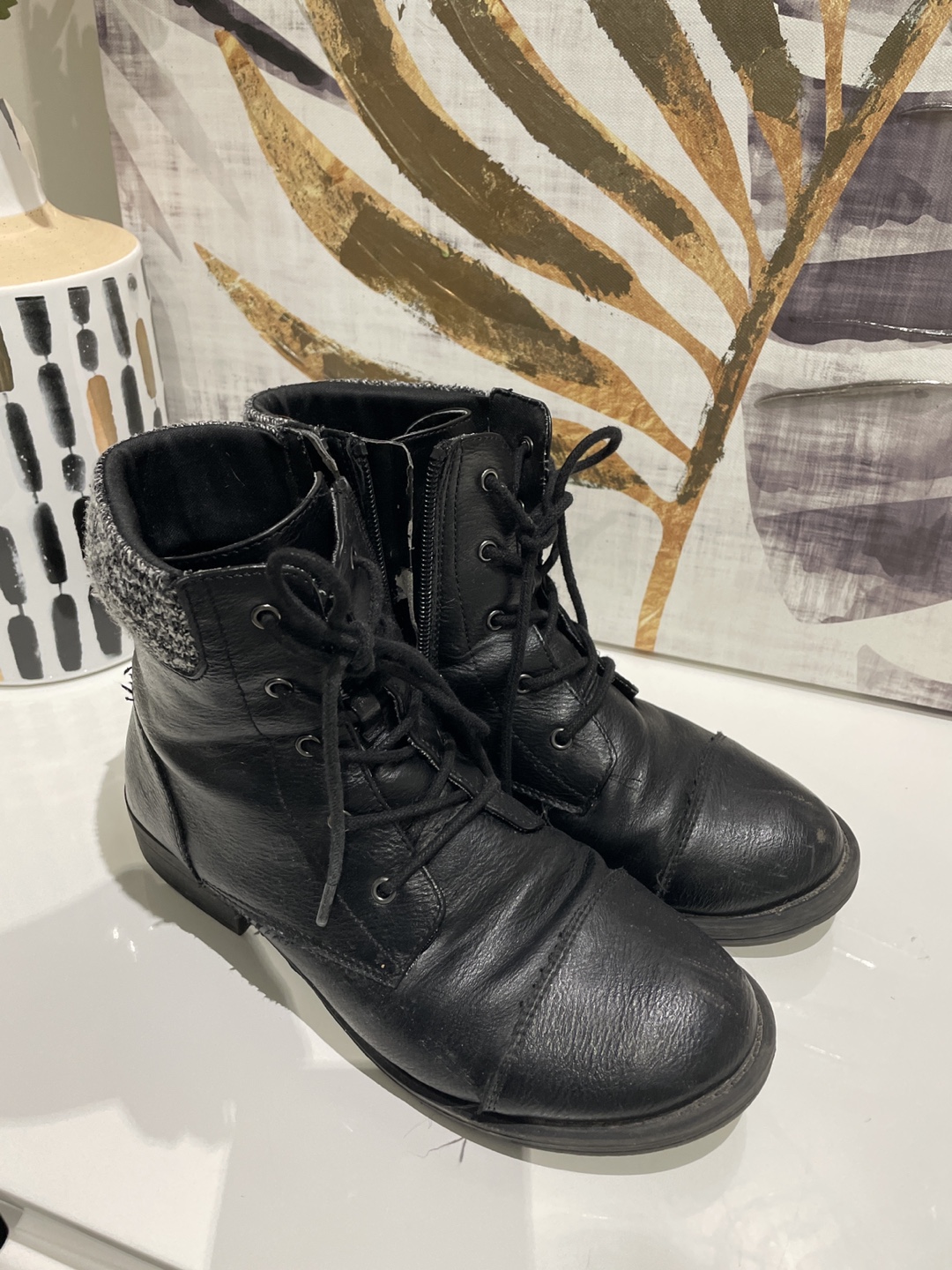 Black Lace-Up Ankle Boots with Knit Cuff - photo 2