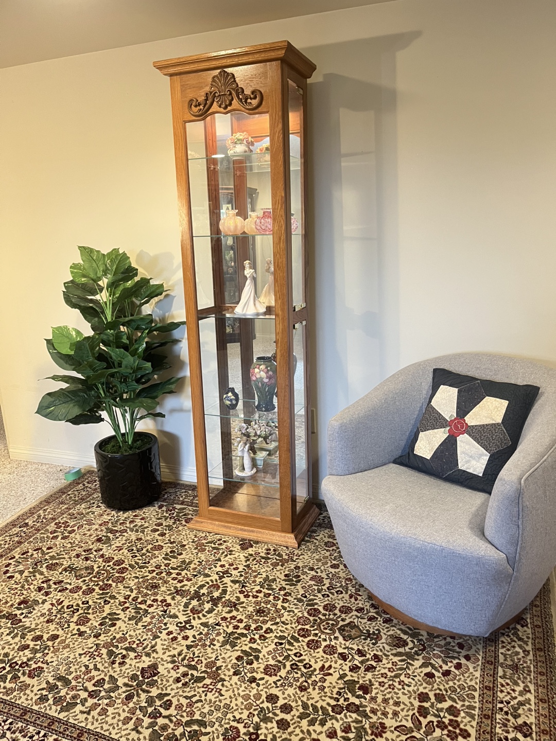 Tall Wooden Curio Cabinet with Glass Shelves