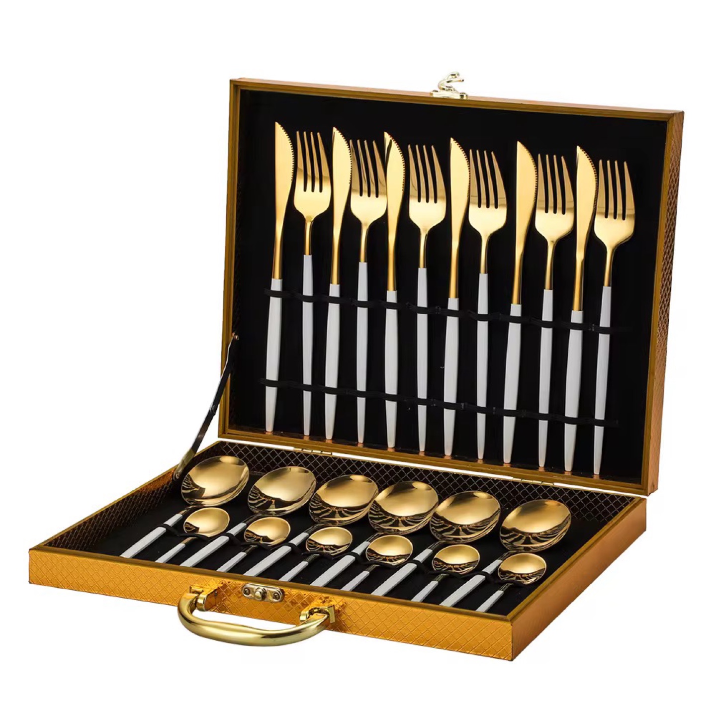Gold Cutlery Set with White or Green Handles - 24 Pieces - photo 2