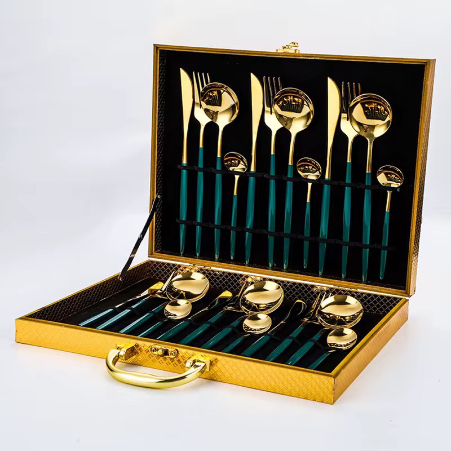 Gold Cutlery Set with White or Green Handles - 24 Pieces