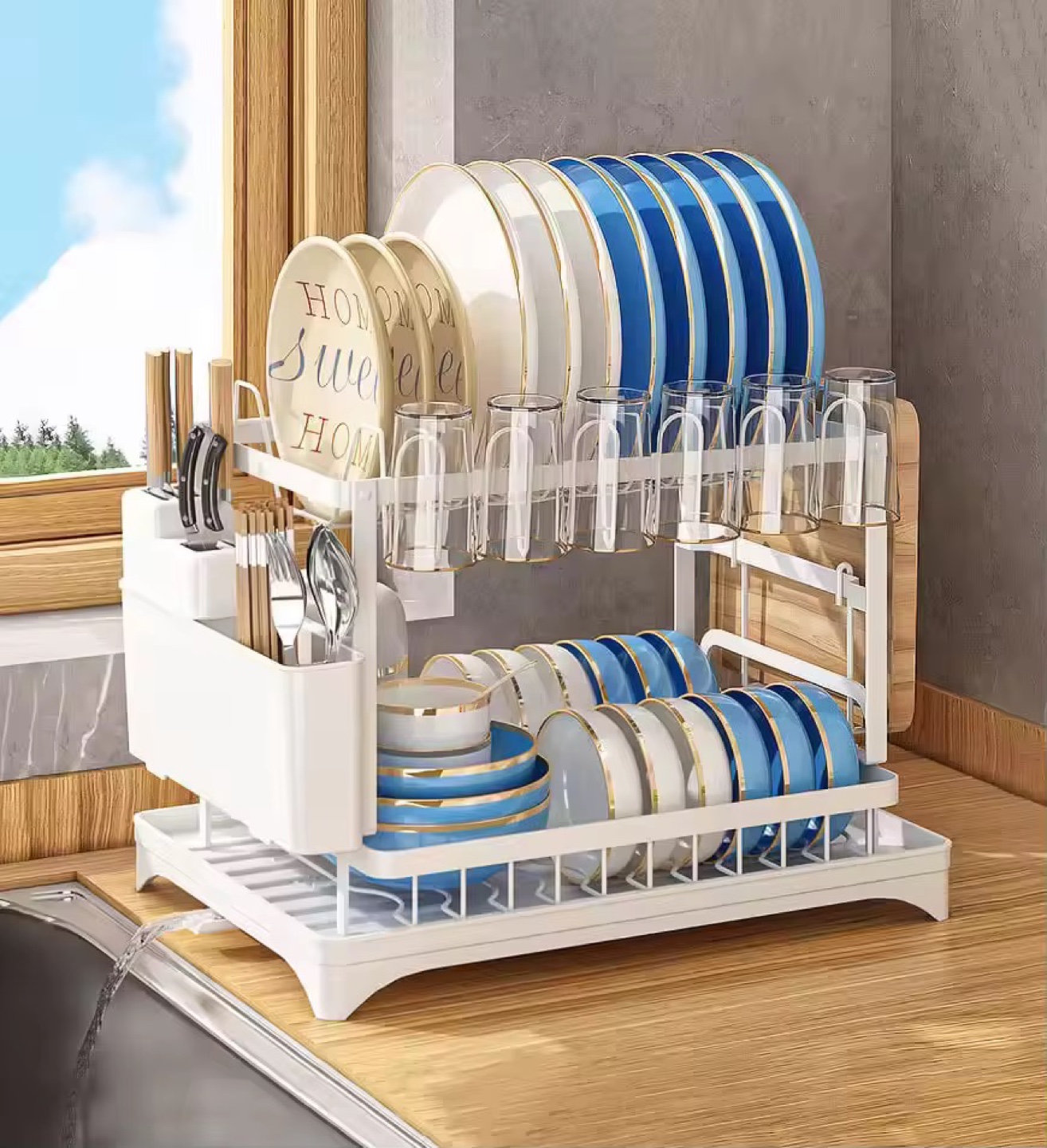 Two-Tier Dish Drying Rack with Cutlery Holder - photo 2