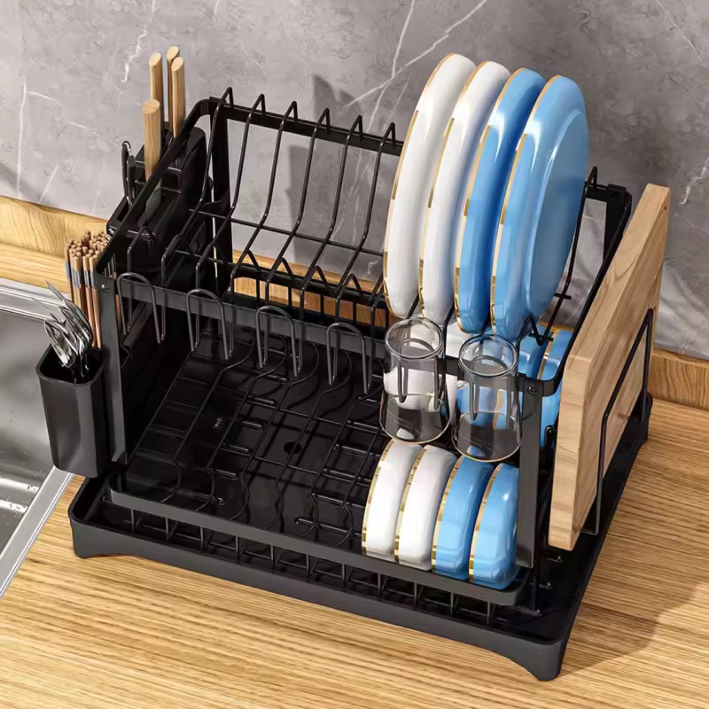 Two-Tier Dish Drying Rack with Cutlery Holder - photo 3
