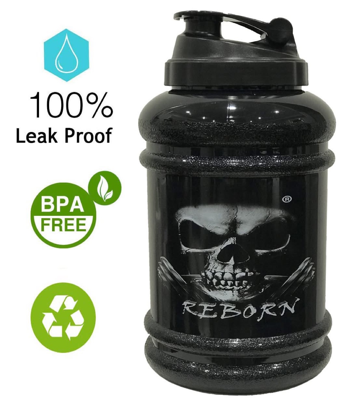 Reborn 2.2L Black Skull Water Bottle
