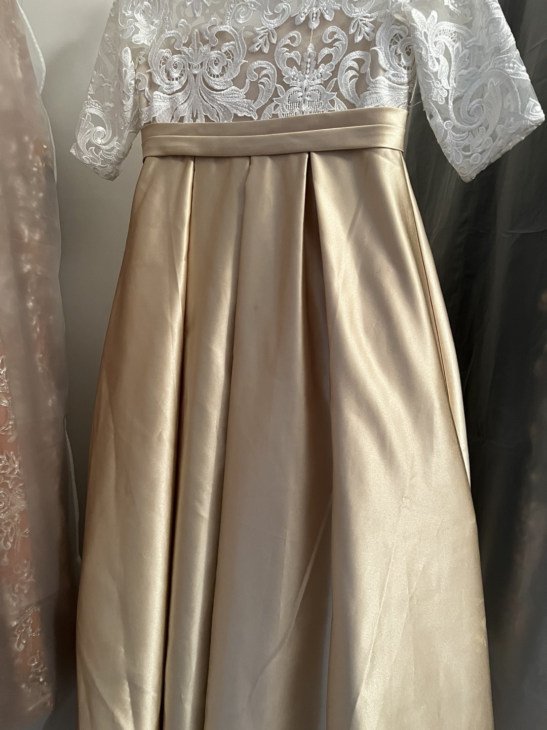 Girls' Champagne Satin and Lace Dress
