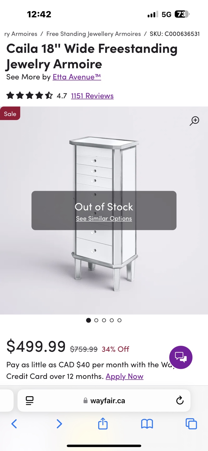 Cailla 18" Wide Freestanding Jewellery Armoire