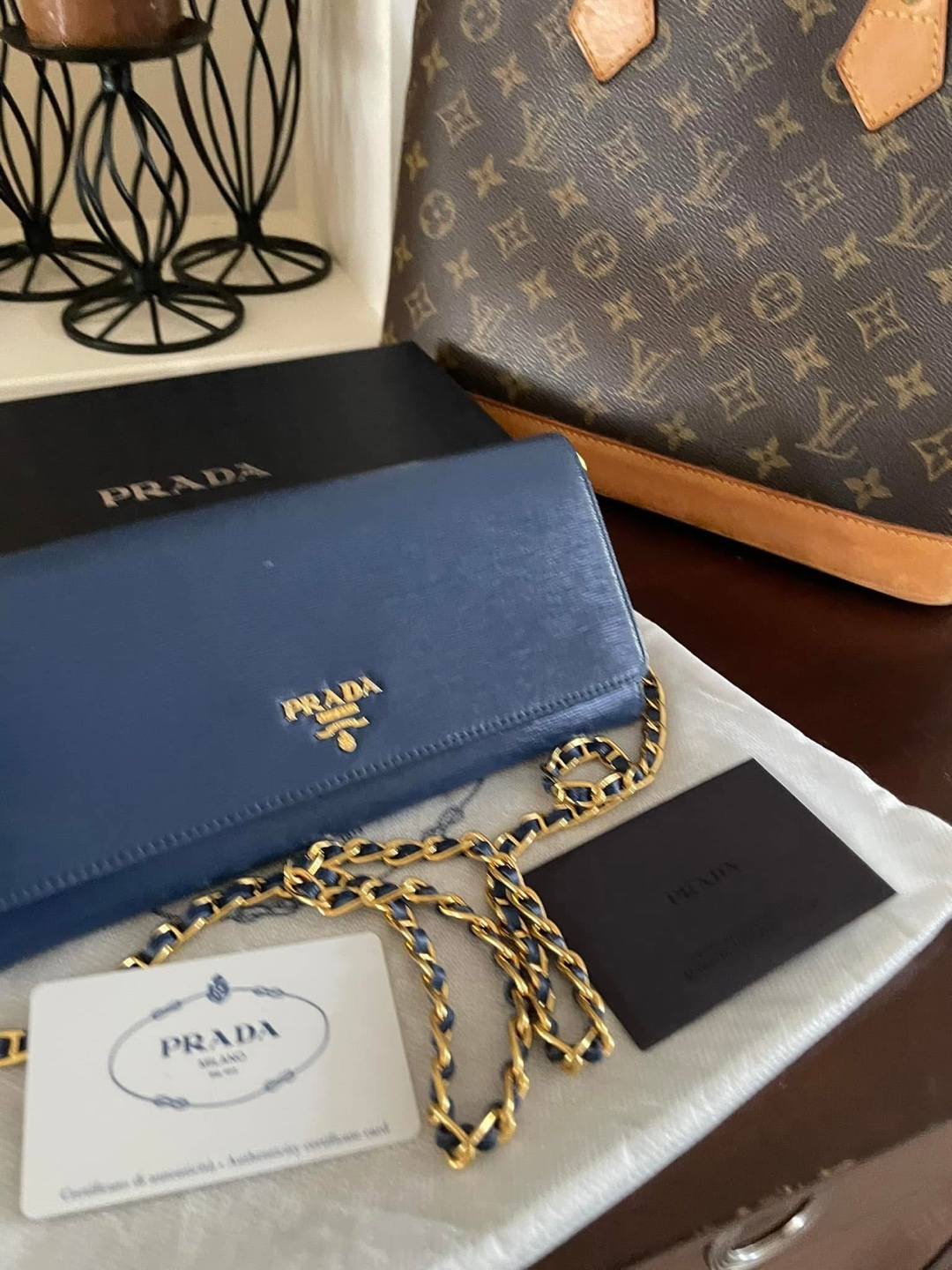 Prada Blue Leather Chain Wallet