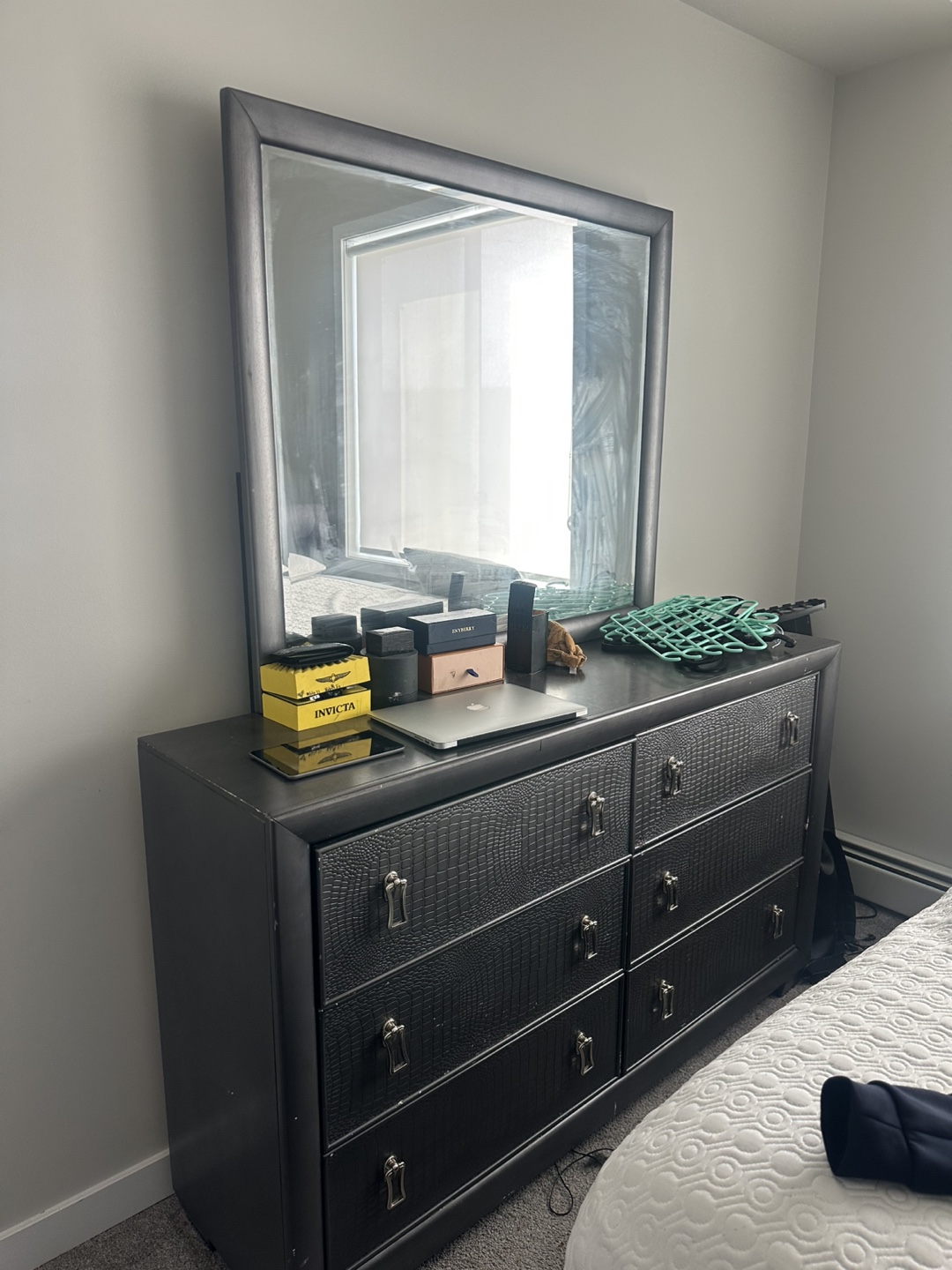 Dark Brown Six-Drawer Dresser with Mirror