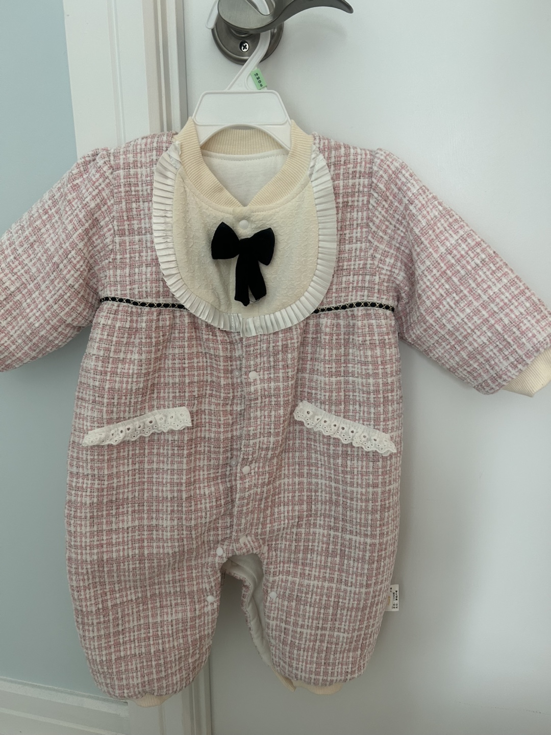 Adorable Baby Girl Pink Tweed Romper with Bib