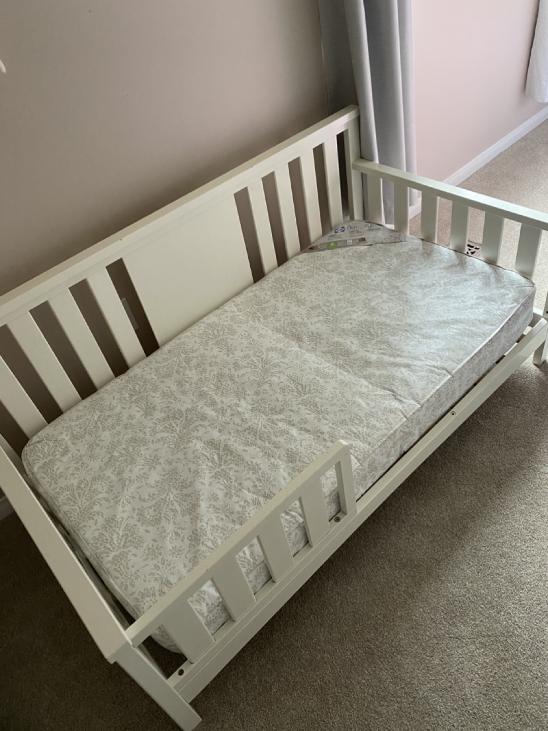 White Toddler Bed with Guardrail and Mattress