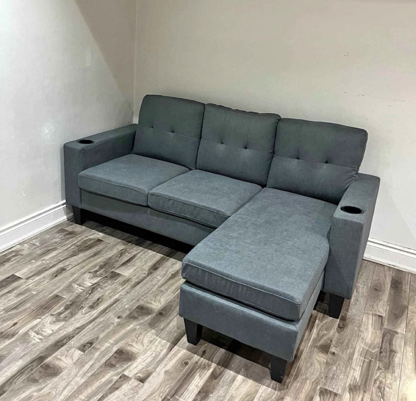 Grey L-Shaped Sectional Sofa with Cup Holders