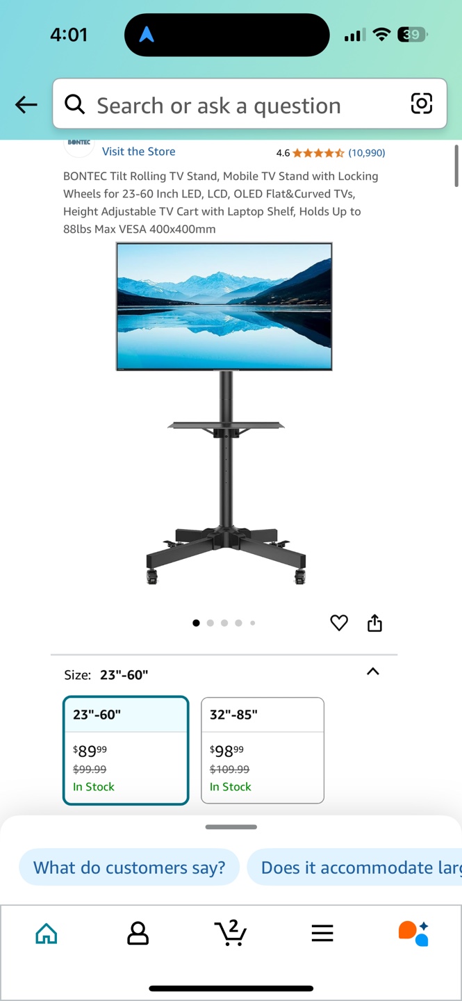 BONTEC Tilt Rolling TV Stand, Mobile TV Cart