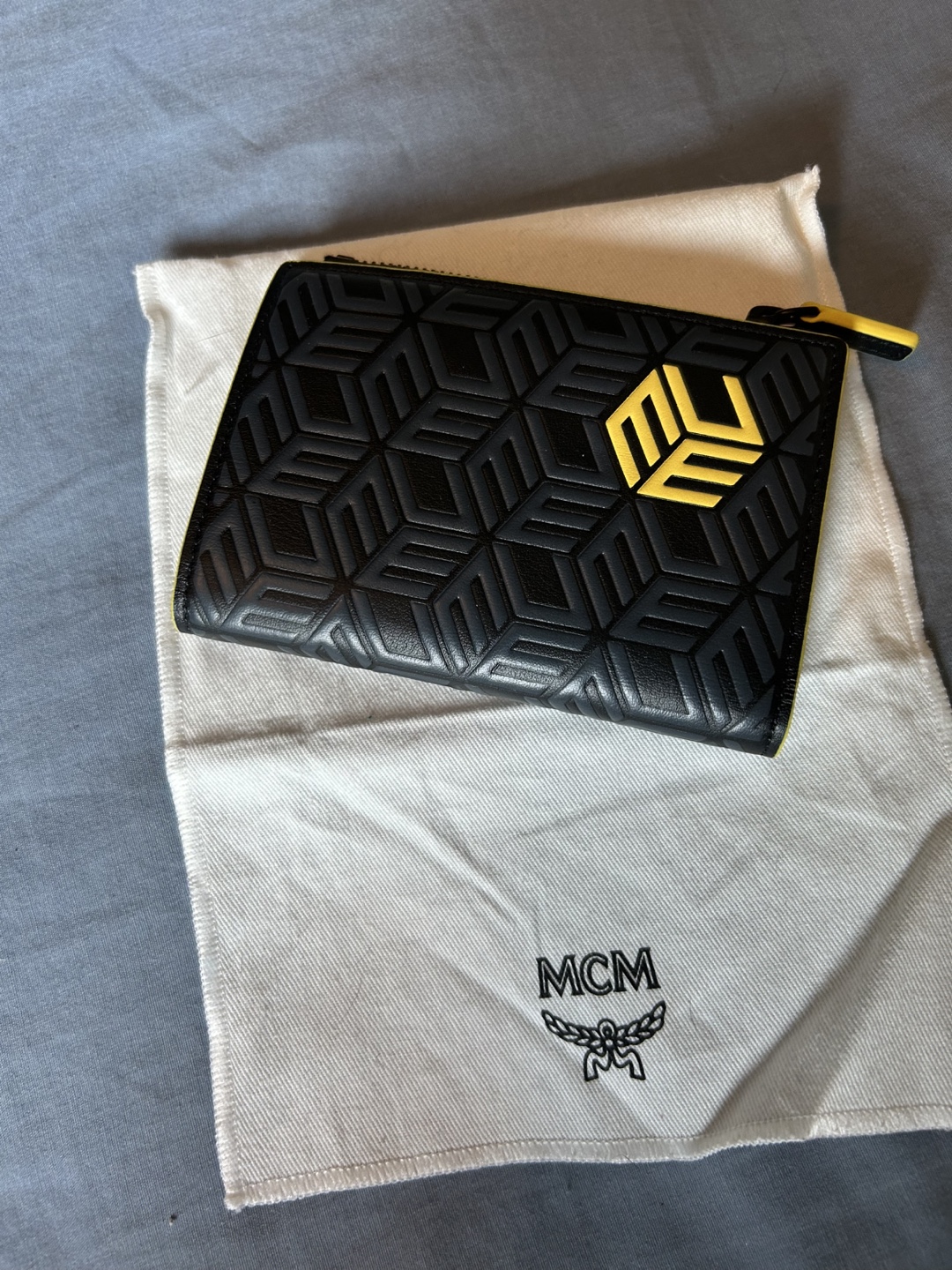 MCM Mini Cubic Logo Leather Wallet - Black & Yellow