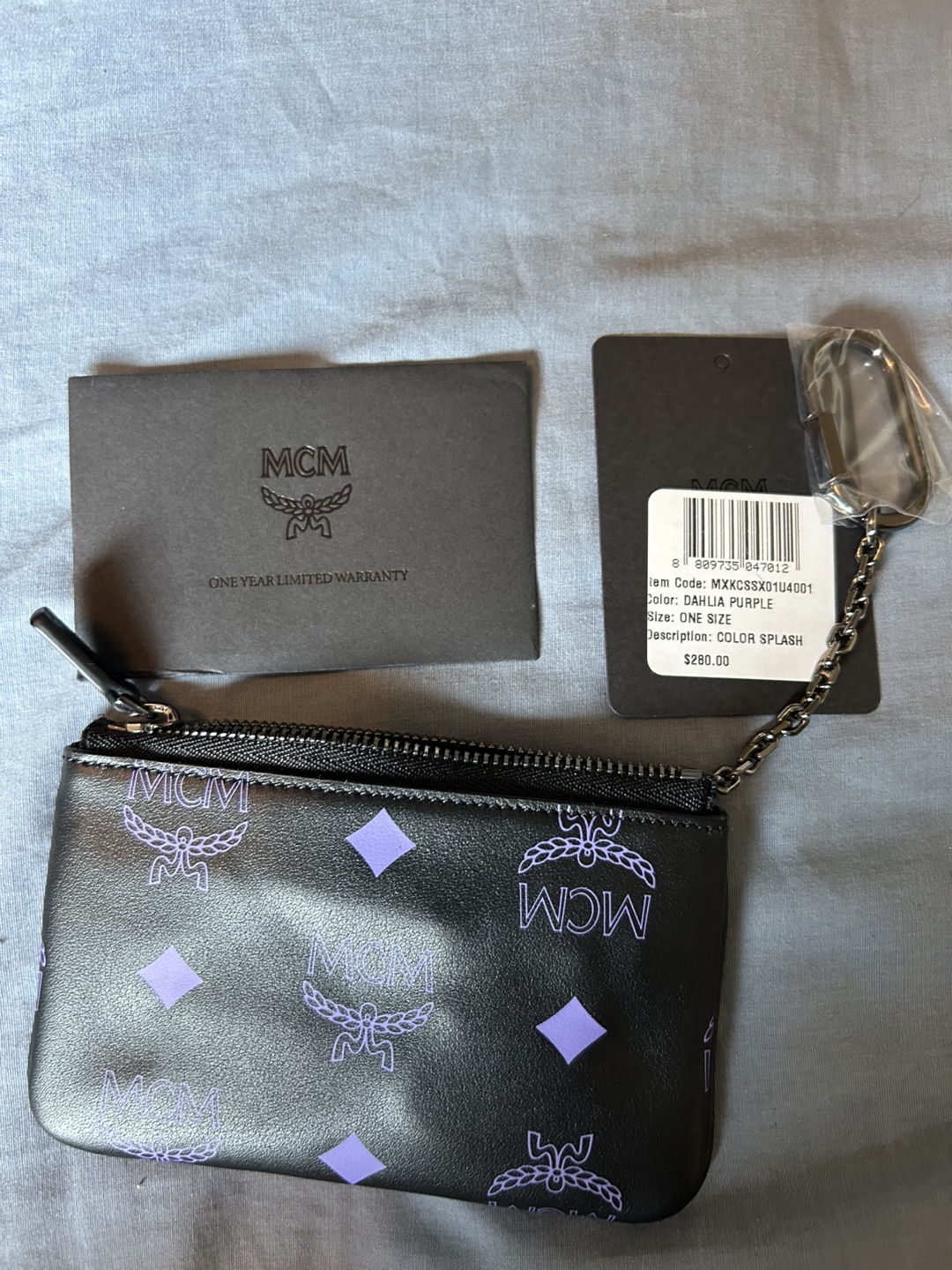 MCM Black and Purple Mini Pouch with Keychain