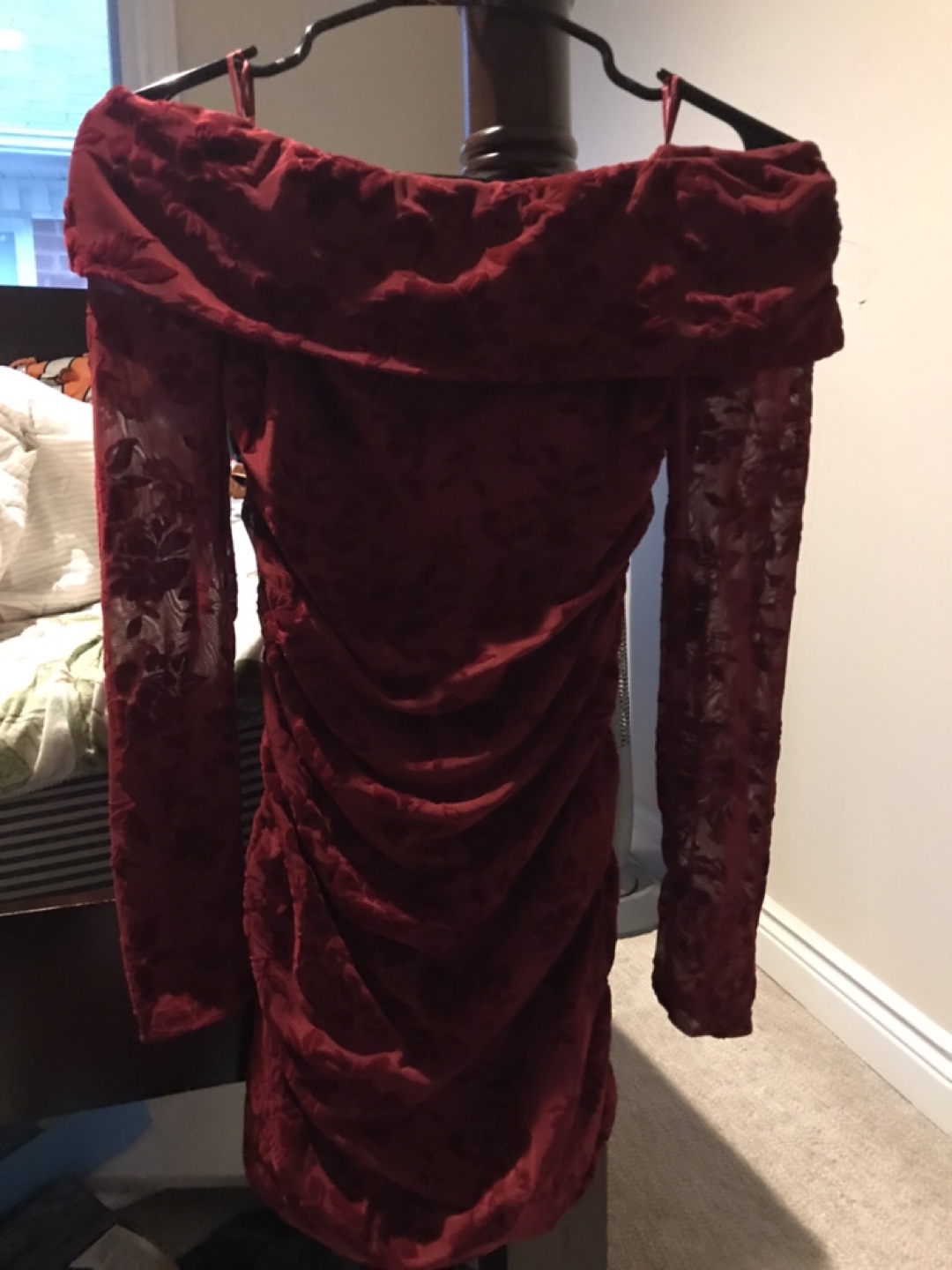 Burgundy Off-the-Shoulder Velvet Mini Dress