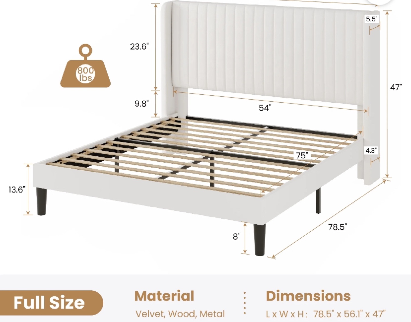 Full Size Bed Frame with White Velvet Headboard - photo 2