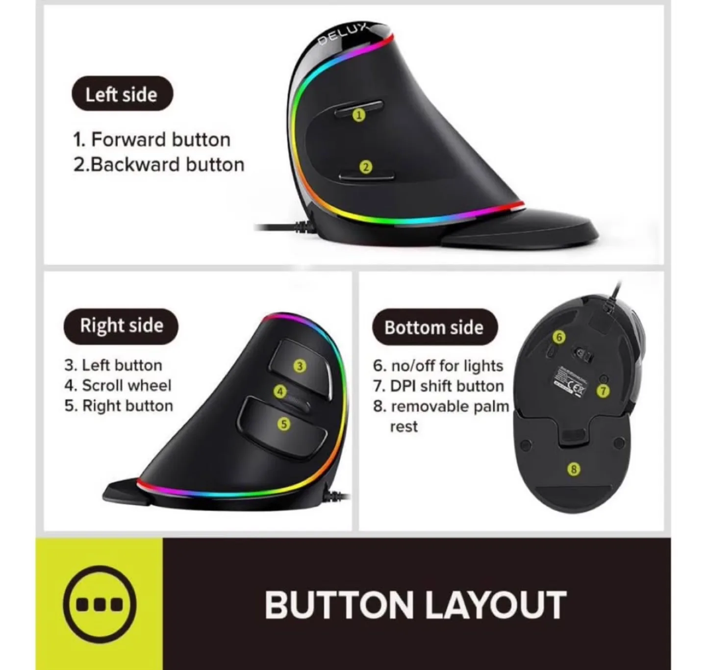 DELUX Ergonomic Vertical Mouse with RGB Lighting image indicator(4)