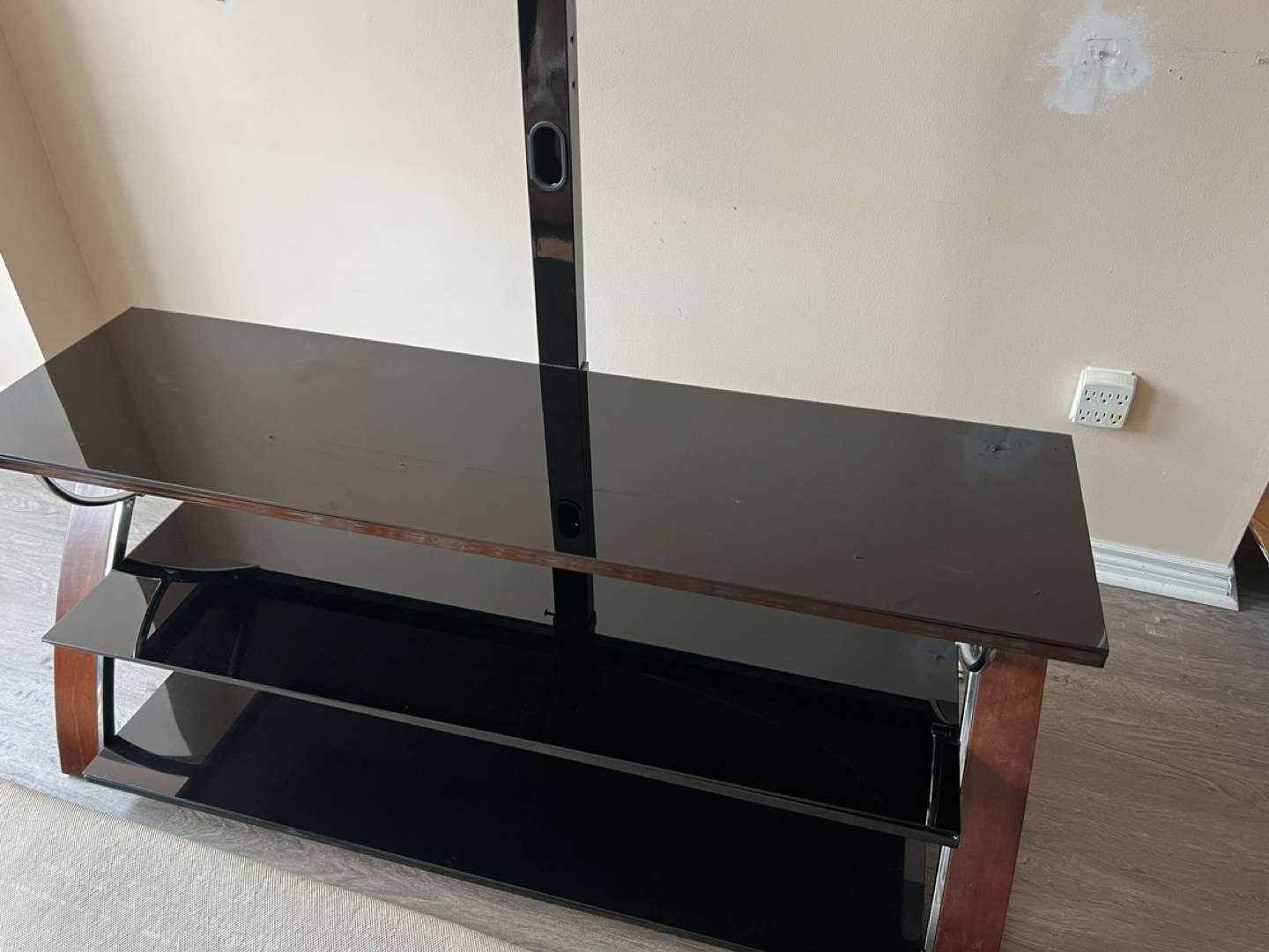 Black Glass TV Stand with Wood Accents