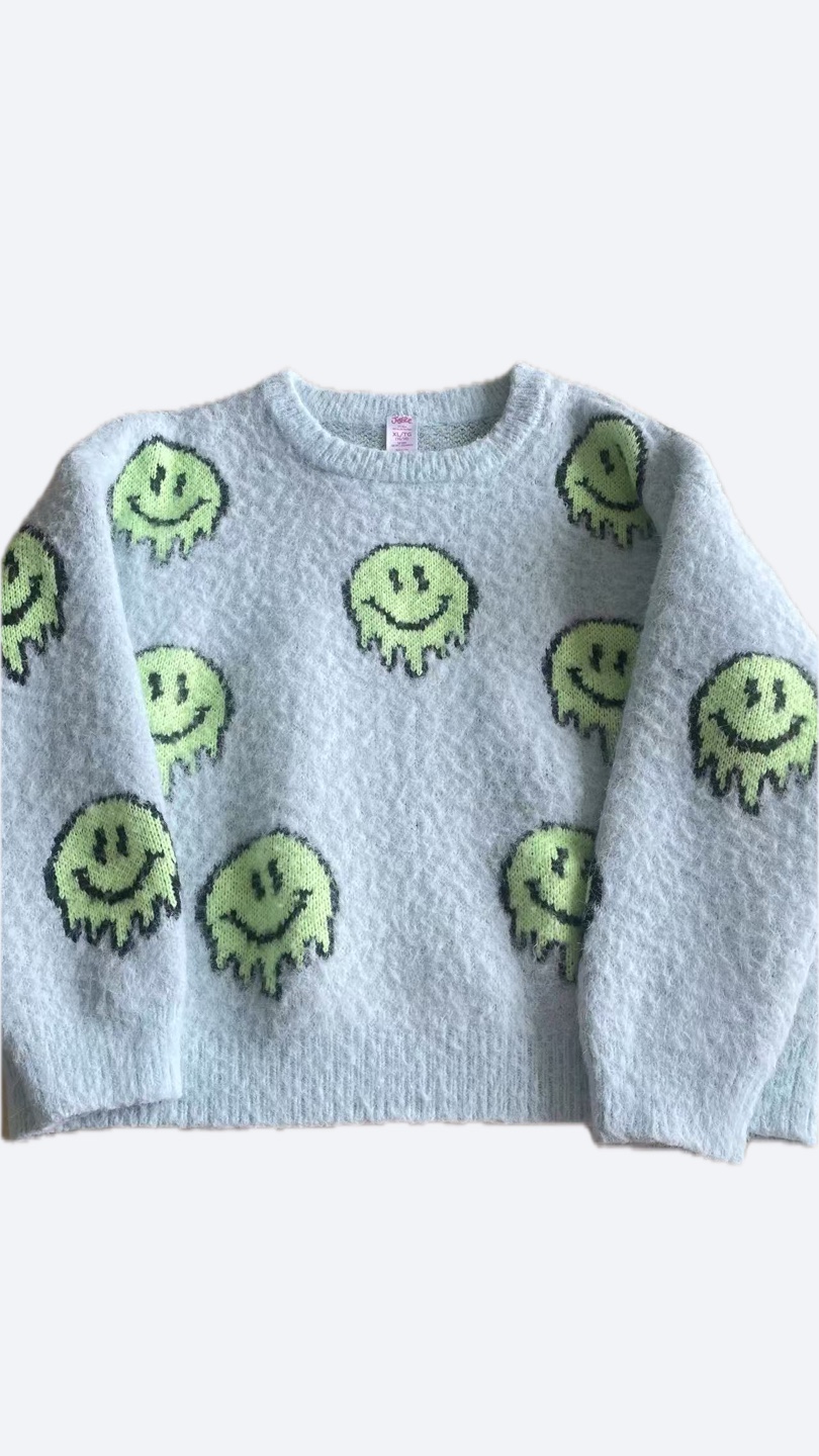 Light Blue Smiley Face Knit Sweater