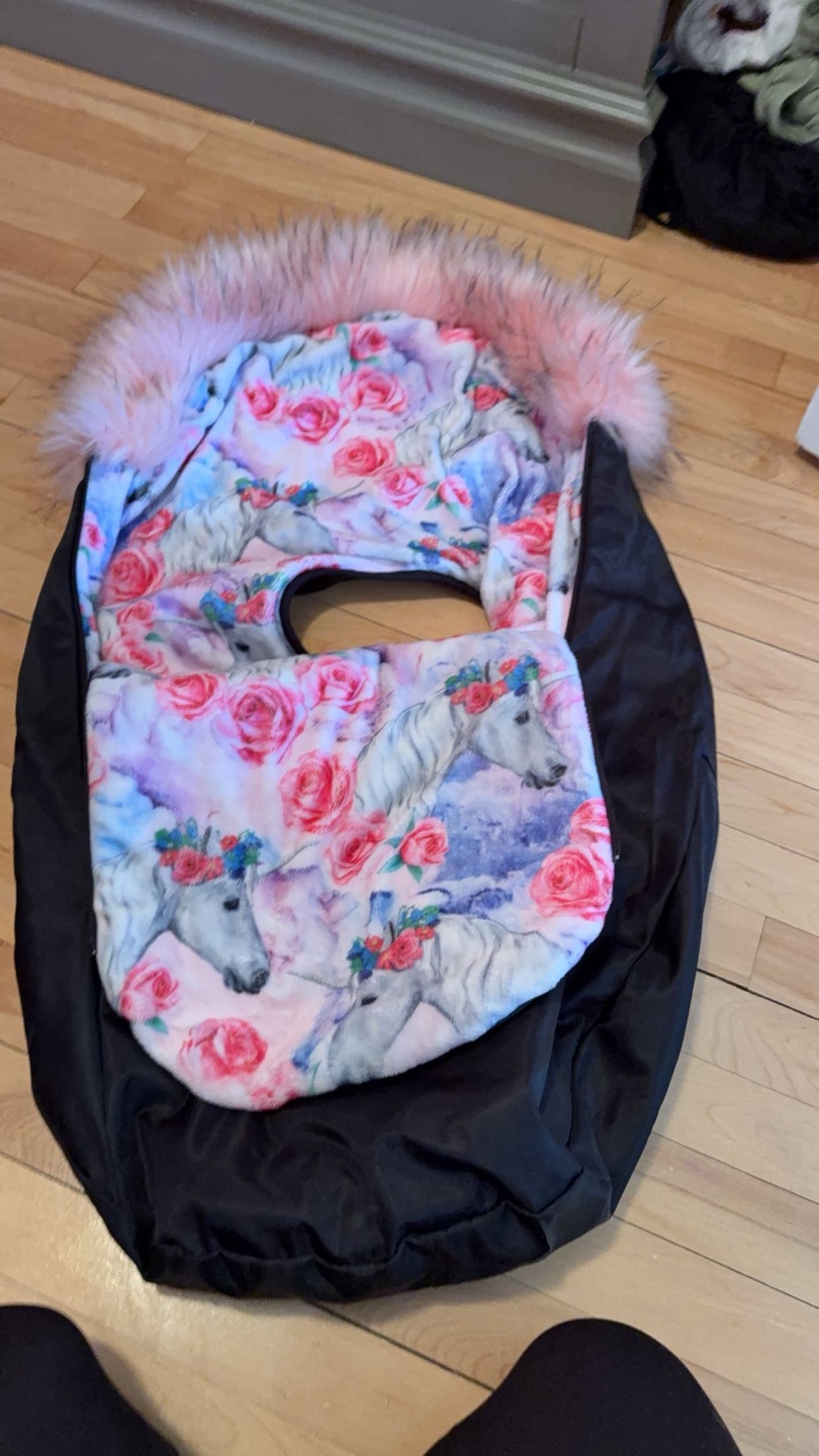 Baby Stroller Liner, Unicorn and Roses Print, Pink Faux Fur Trim