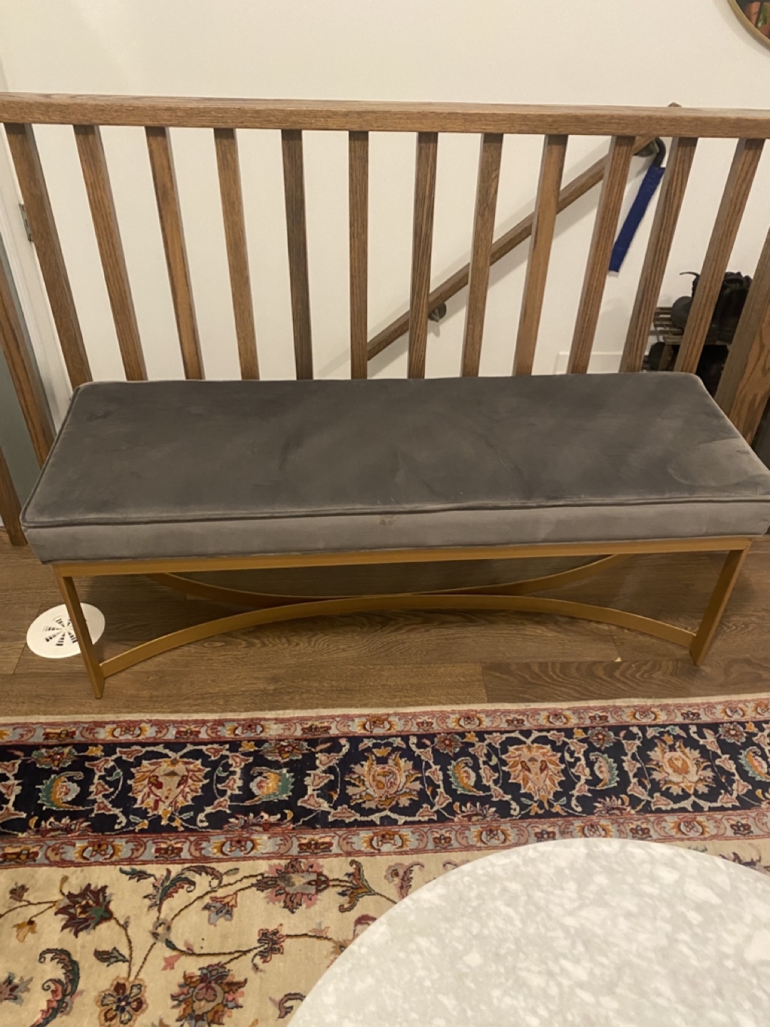 Gold Metal Frame Bench with Grey Velvet by Everly Quinn