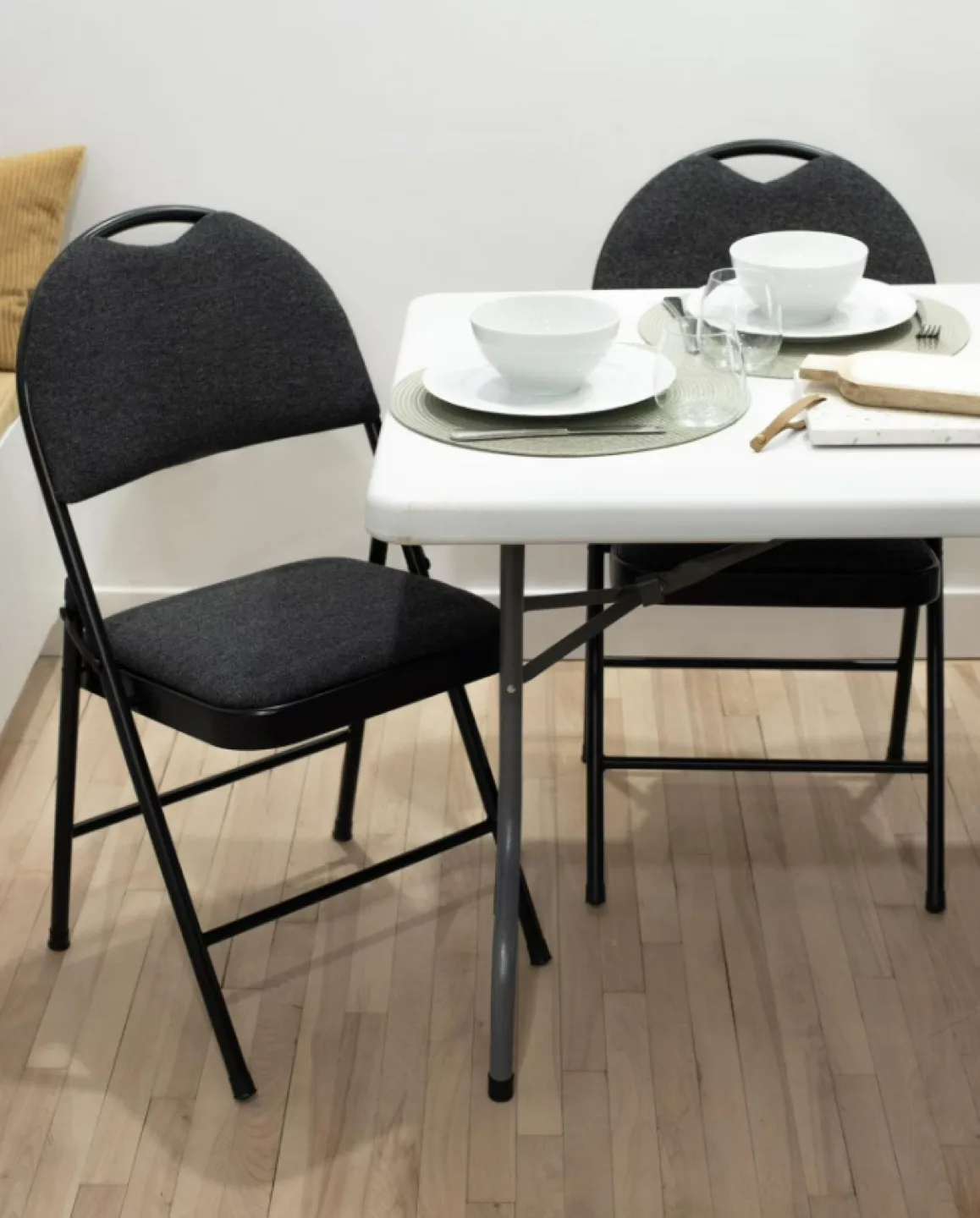 Black Metal Folding Chairs with Grey Cushions image indicator(2)