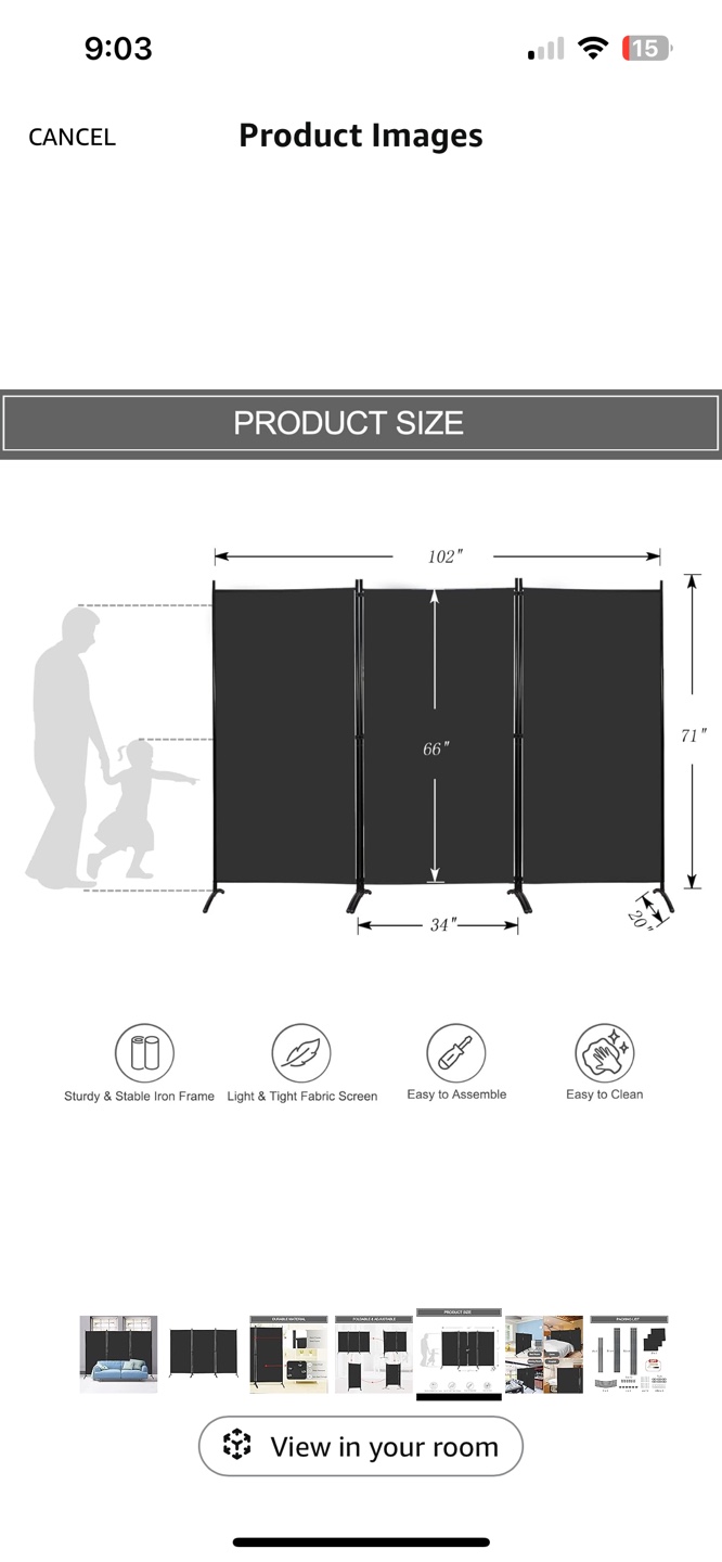 New Room Divider - 3 Panel Black Fabric Screen - photo 2