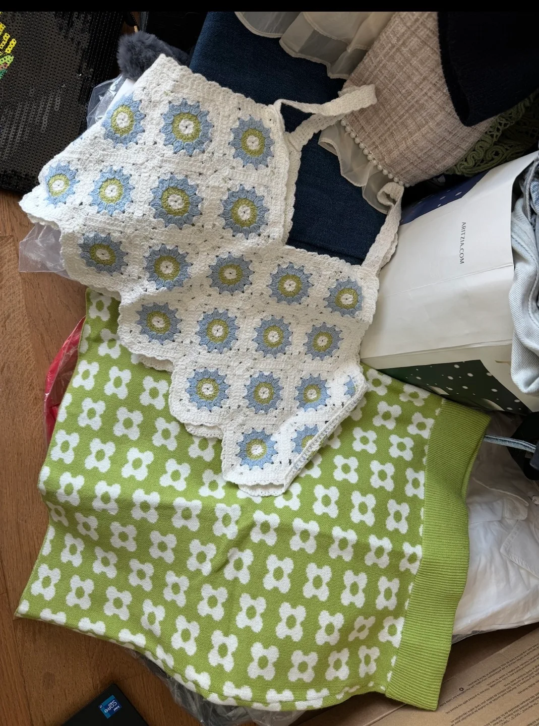 Adorable Granny Square Crochet Top and Daisy Print Knit Top thumbnail