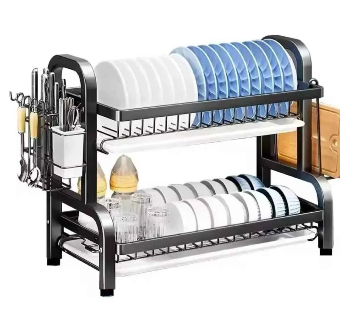 Two-Tier Black Dish Drying Rack with Cutlery Holder thumbnail
