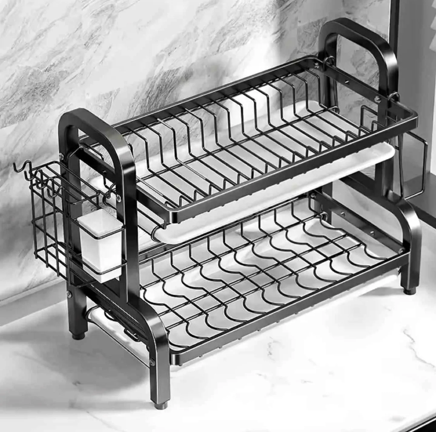 Two-Tier Black Dish Drying Rack with Cutlery Holder image indicator(2)