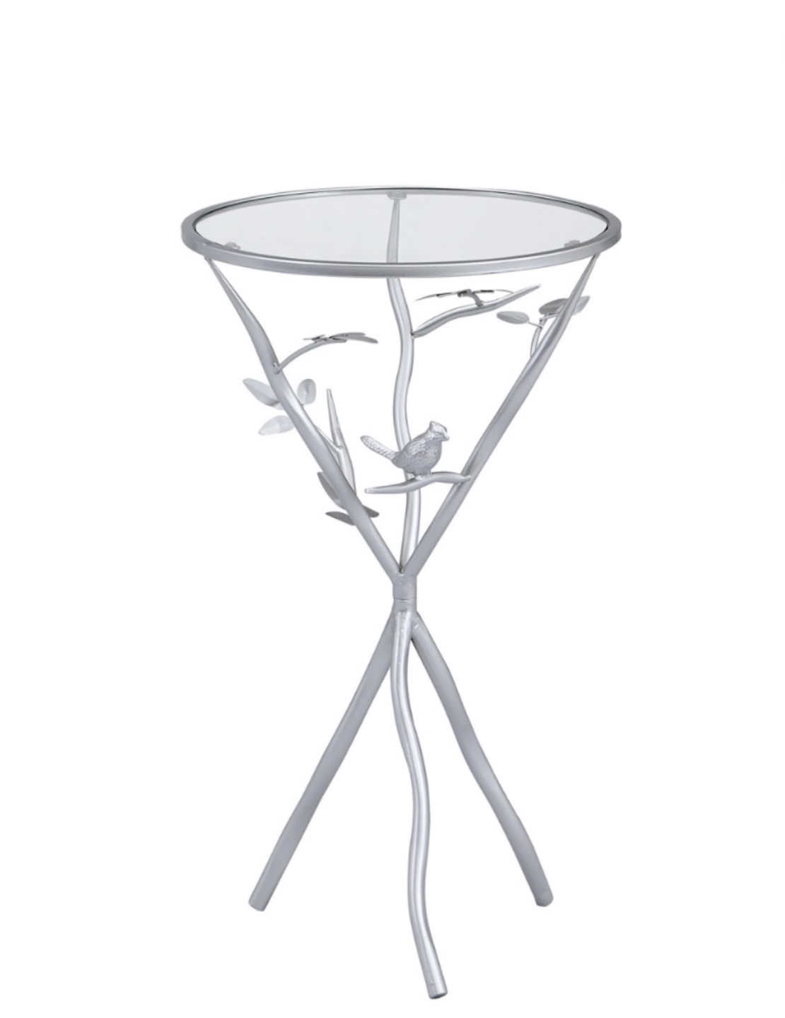 Silver Metal and Glass Accent Table with Bird Design