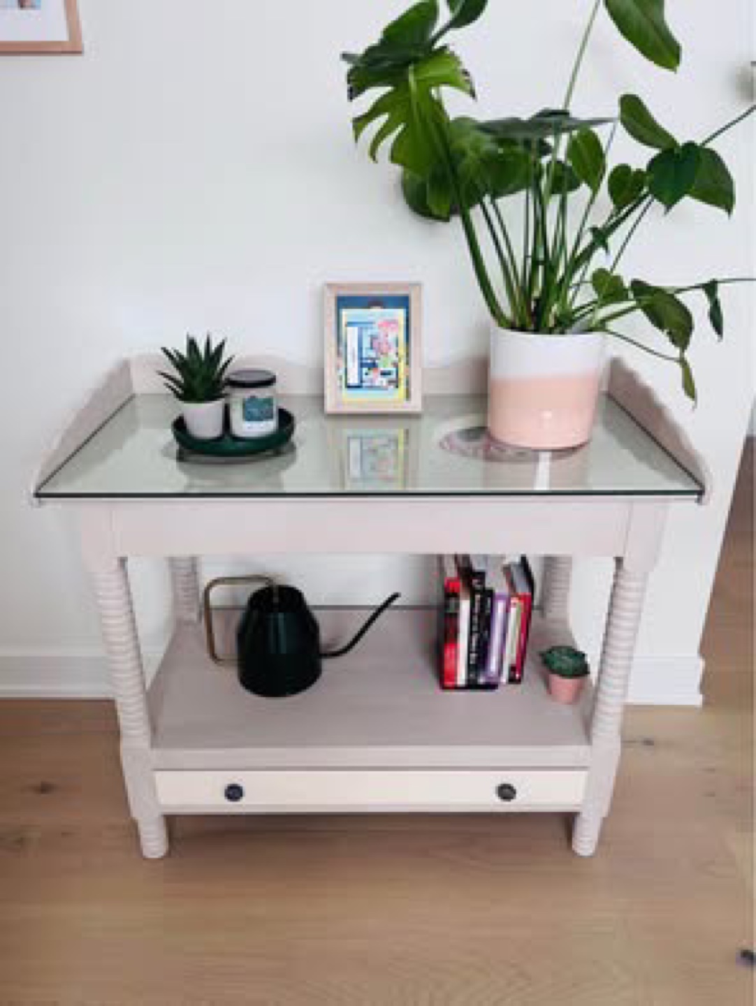 Painted Wash Stand/console with Glass Top