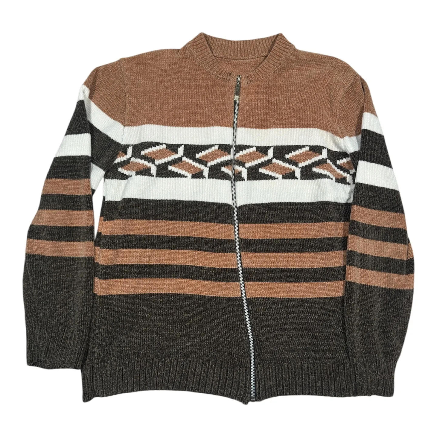 Men's Brown and White Striped Knit Zip-Up Sweater thumbnail