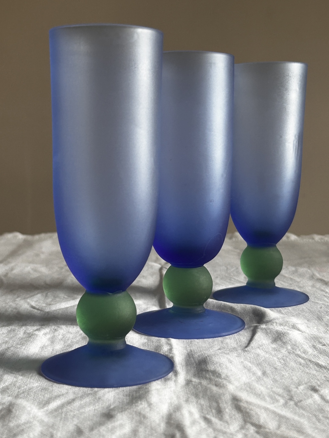 Set of Three Blue and Green Frosted Glass Goblets