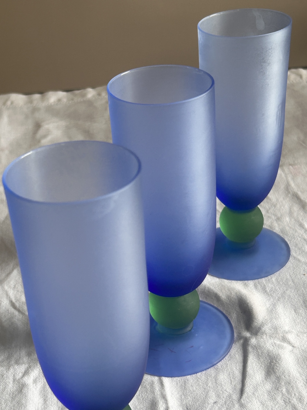 Set of Three Blue and Green Frosted Glass Goblets - photo 3