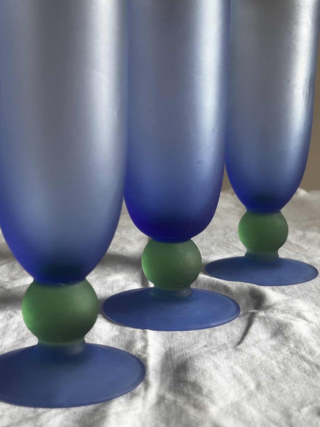 Set of Three Blue and Green Frosted Glass Goblets - photo 2
