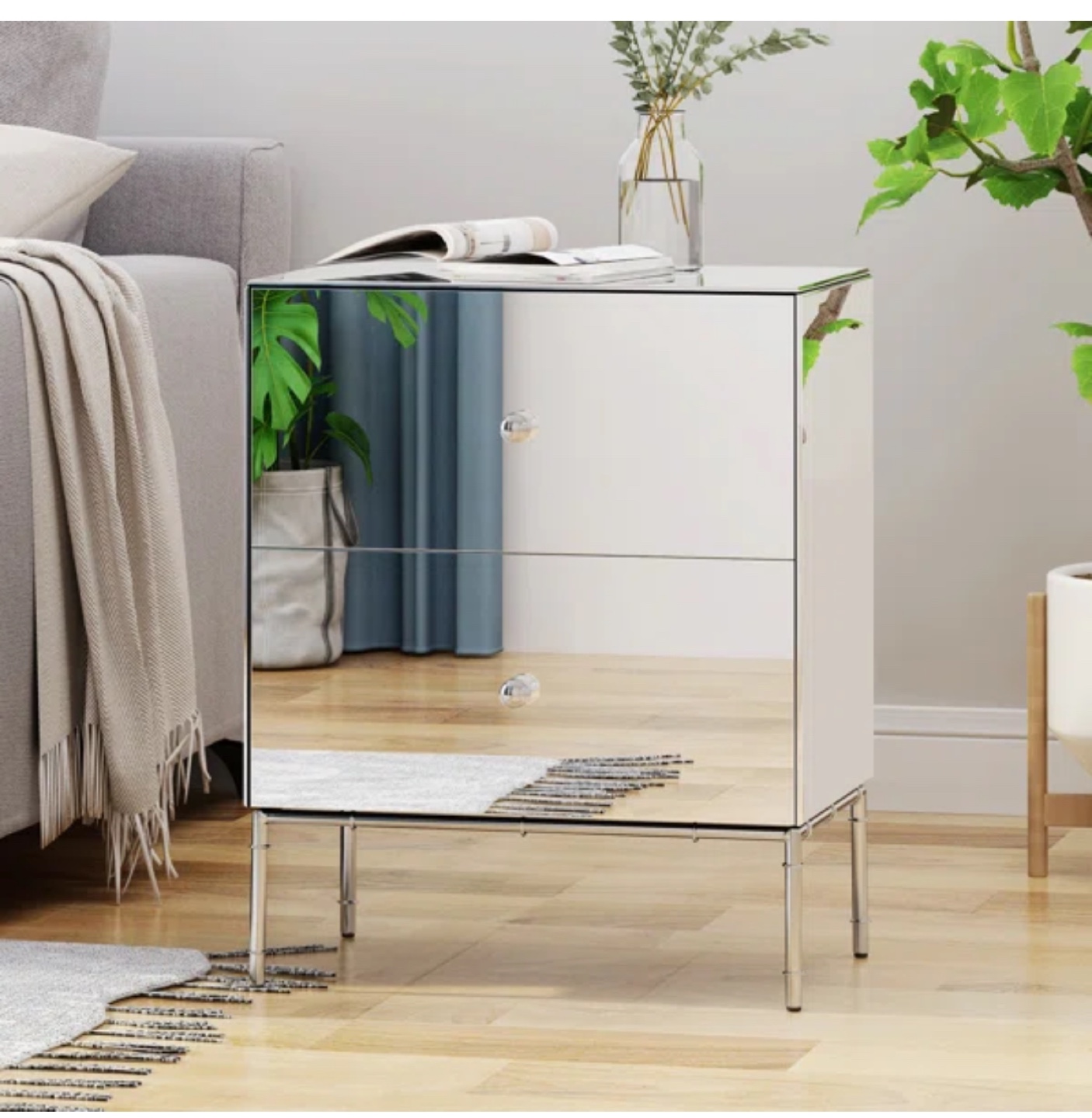 Rigby Mirrored Accent Nightstand with Two Drawers and Metal Legs - photo 3
