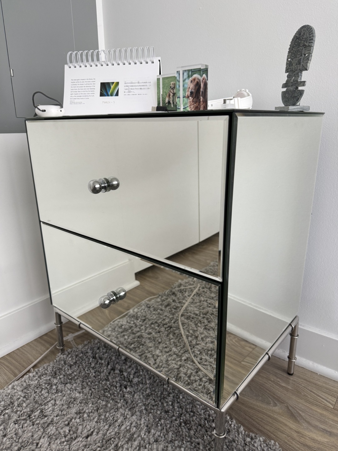 Rigby Mirrored Accent Nightstand with Two Drawers and Metal Legs