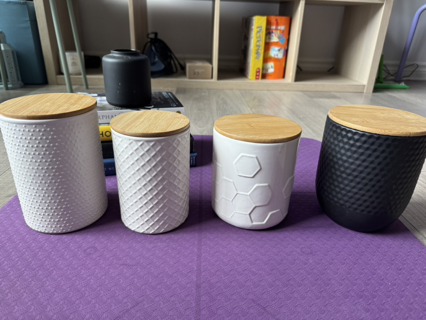 Set of Four Ceramic Canisters with Bamboo Lids