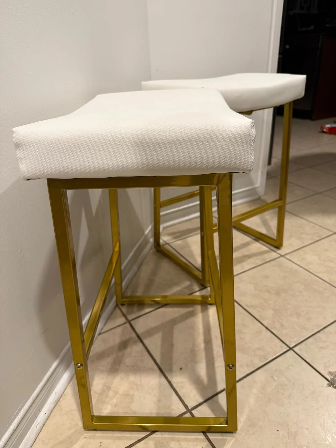 Pair of Gold Metal and White Upholstered Bar Stools thumbnail