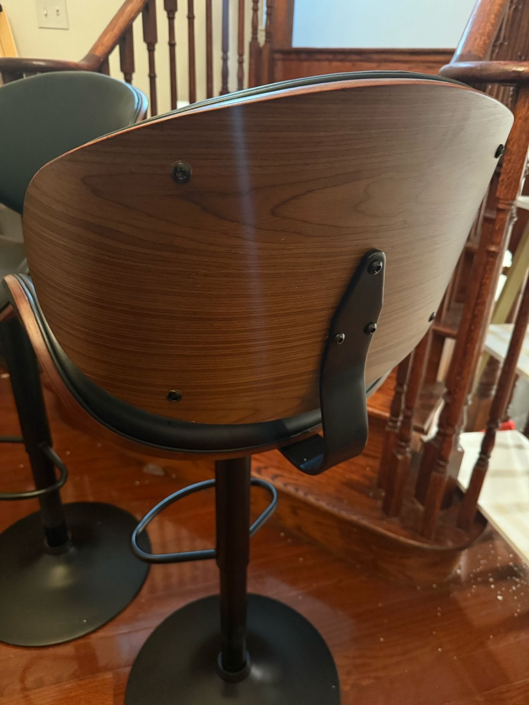 Pair of Adjustable Bar Stools - Black Leather & Wood - photo 2