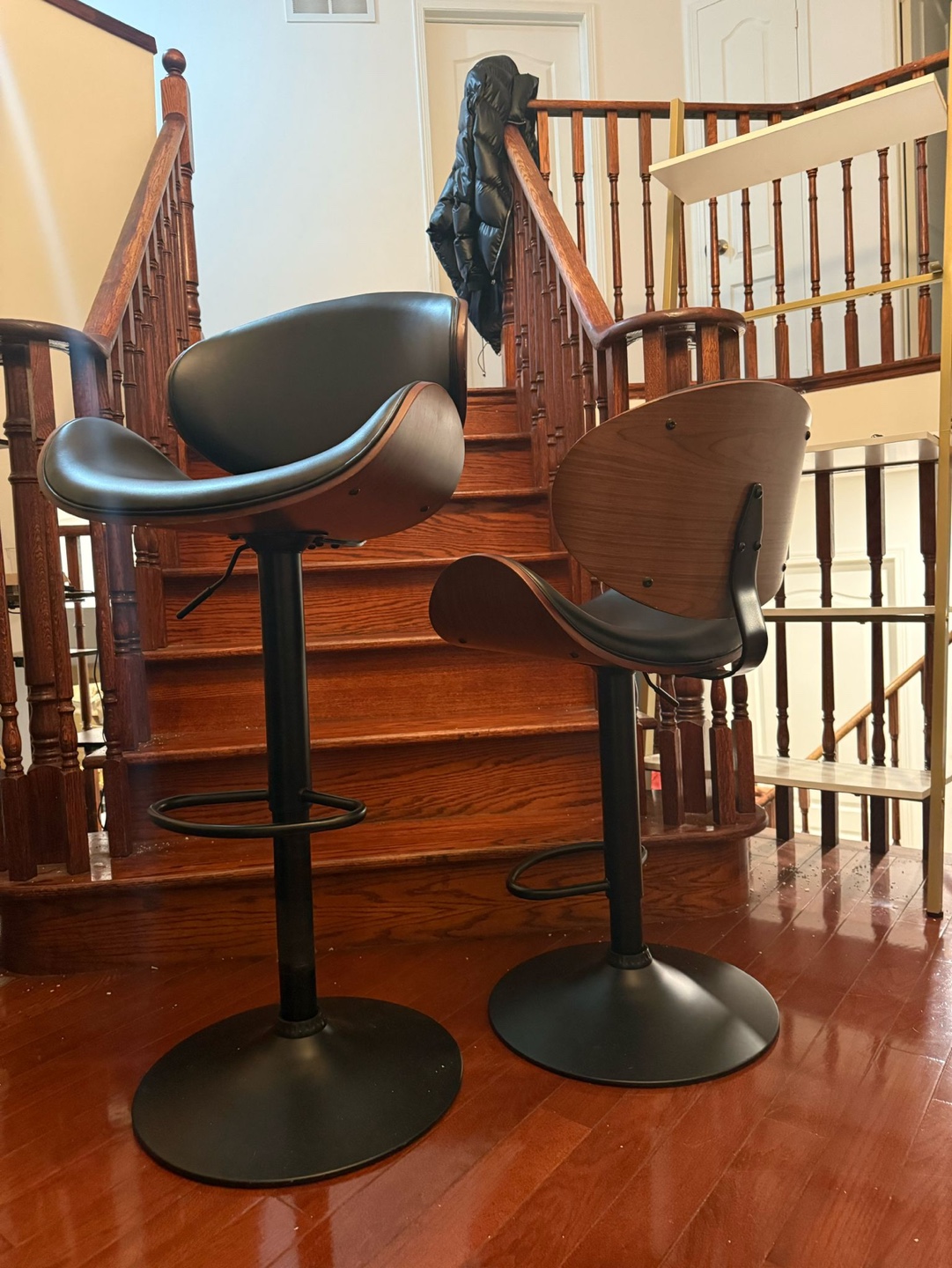 Pair of Adjustable Bar Stools - Black Leather & Wood