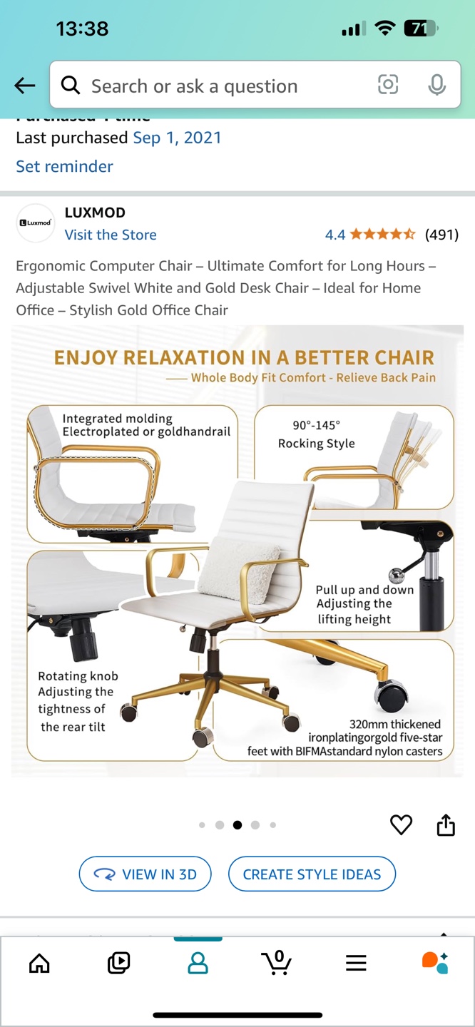 LUXMOD Ergonomic Swivel Office Chair - White and Gold - photo 2